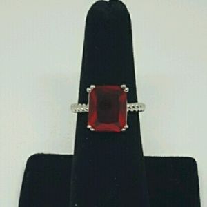 Emerald Cut Ruby CZ ring with silver band